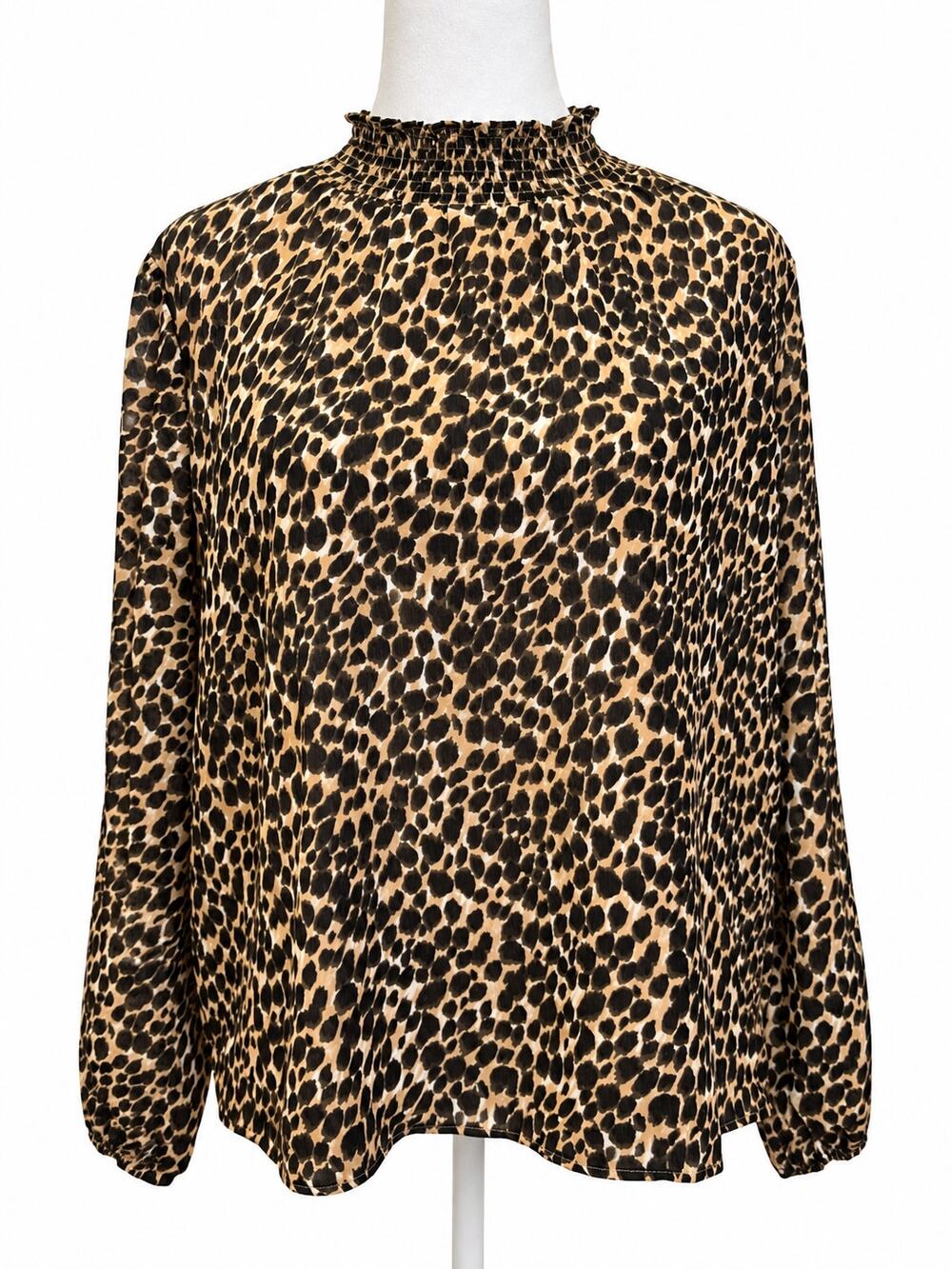 J.Crew Leopard Print Smocked Ruffle Neck Blouse Women’s L Long Sleeve Lined